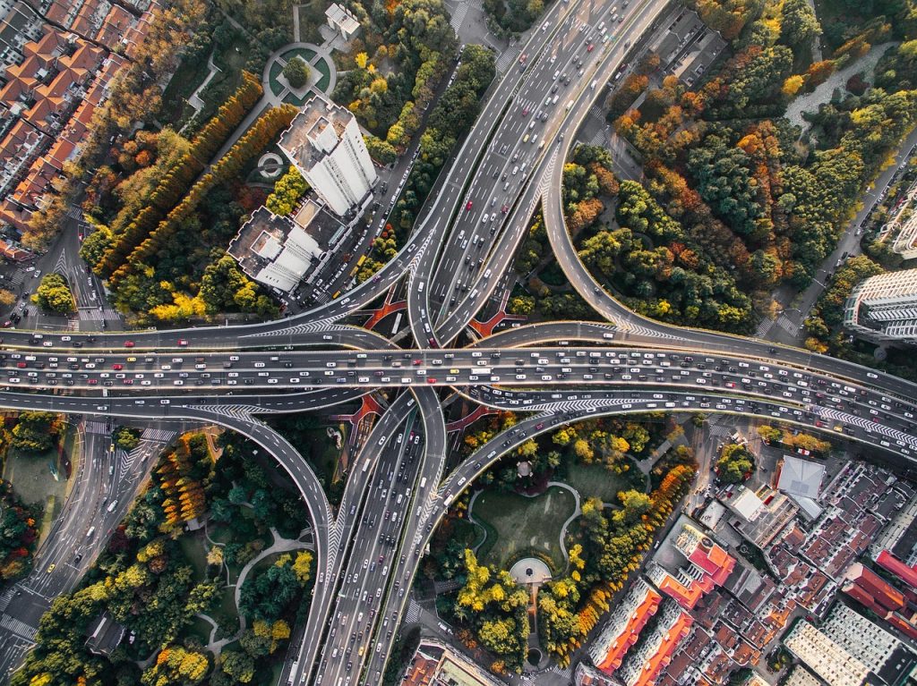 architecture, buildings, cars, city, nature, cityscape, highway, infrastructure, roads, traffic, trees, urban