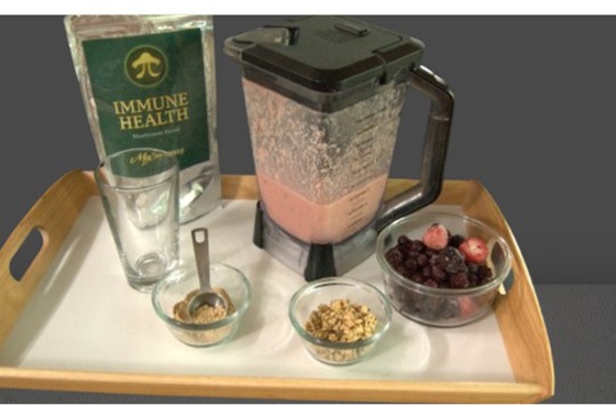 myshroom immune health smoothie ingredients on a wooden tray